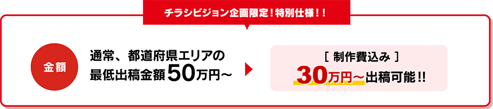 チラシビジョン企画限定！特別仕様!!通常、都道府県エリアの最低出稿金額は50万円～ですが、制作費込みで30万円～出稿可能!!